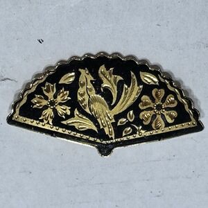 Vintage Spain Damascene Bird Flower Hand Fan Black Enamel Gold Inlaid Brooch Pin